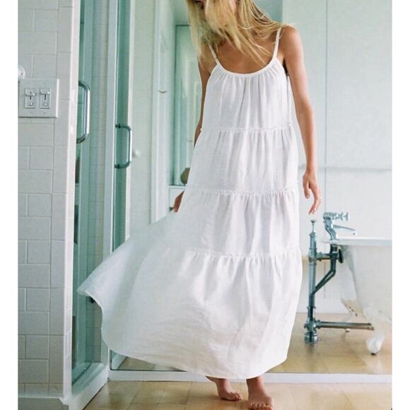 Eberjey Kesia Sleeveless Linen Sleep Nap Dress Size Large White Tiered Maxi Gown - Picture 1 of 7